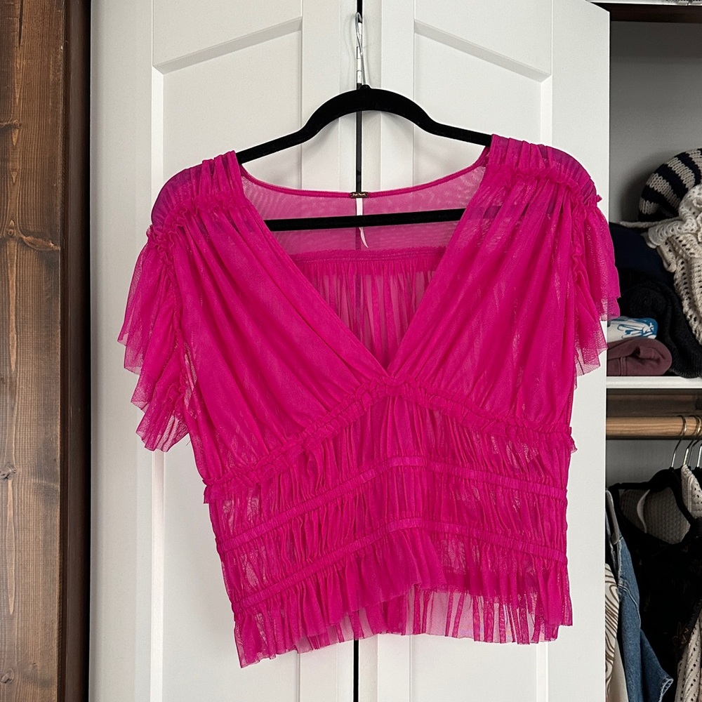 Free People Vibrant Pink Ruffled Blouse